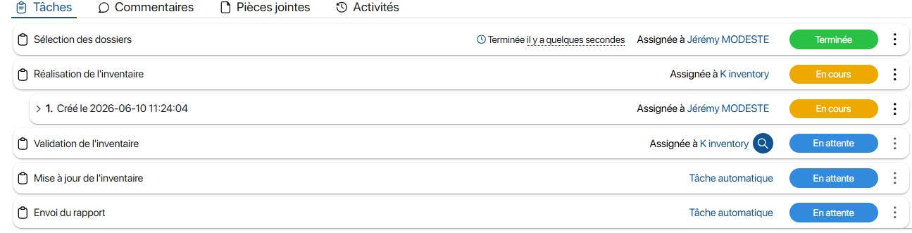 Liste des sous-tâches de l'inventaire
