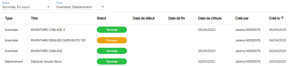 Consulter les statuts des interventions sur K inventory logiciel de gestion de stock