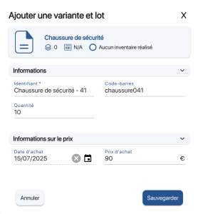 Pop up création variante