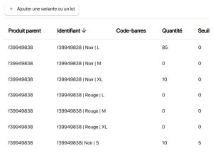 Liste des variantes et lots