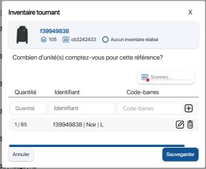 Pop-up d'inventaire d'une variante ou un lot