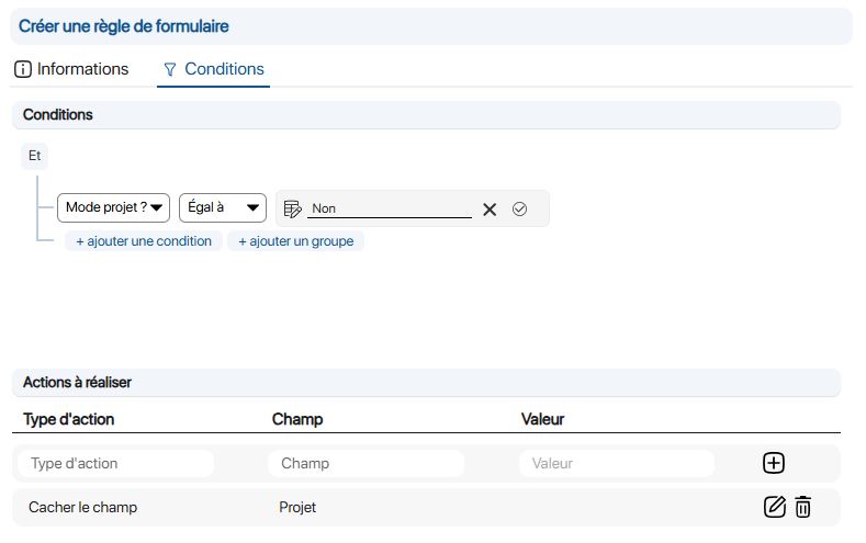 Creation - Form rule Dynamic display of project field - information
