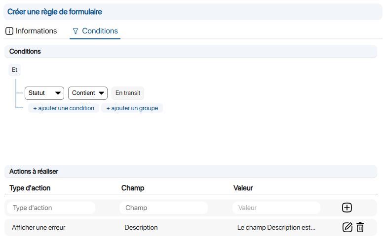 Creation - Make the Description field mandatory - Conditions