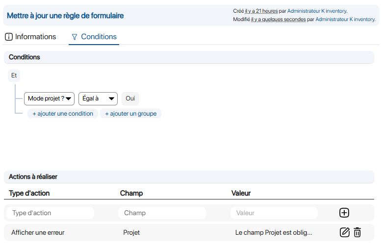 Modification - Form rule Dynamic display of project field - Conditions