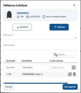 Pop up d'attribution et restitution d'une variante ou d'un lot