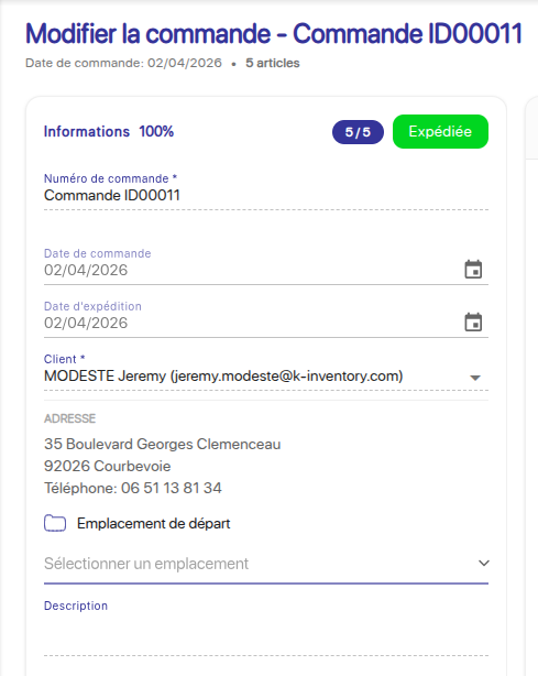 Informations d'une commande client