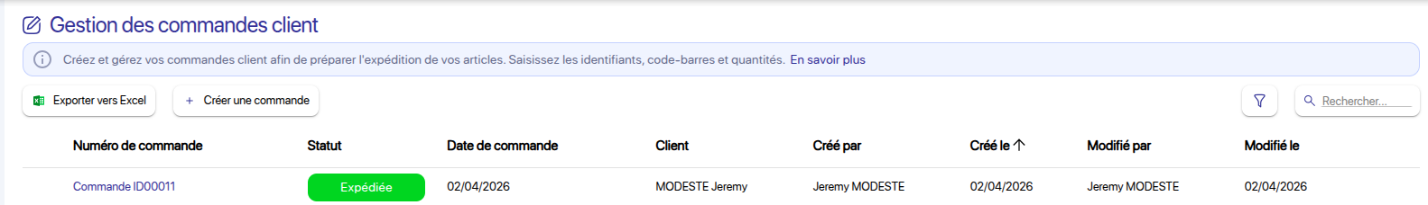 Liste des commandes clients
