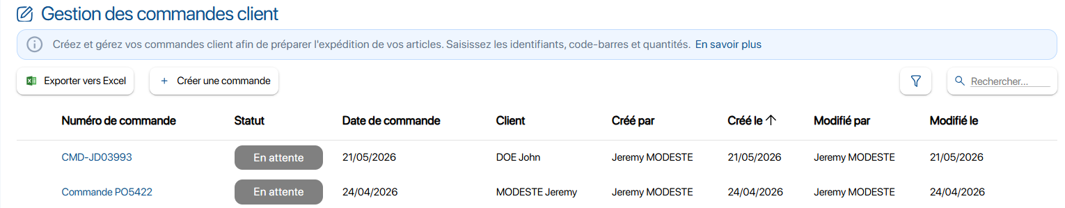 Mise à jour de commandes clients