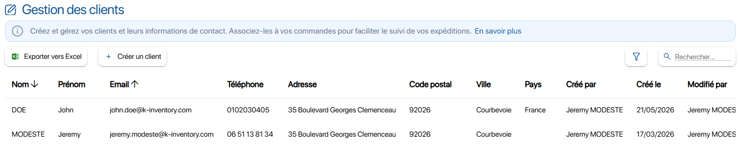 Liste des clients disponibles