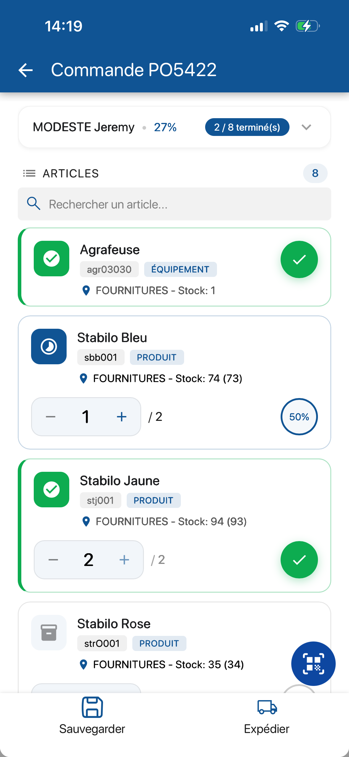 Liste des articles de préparation de commande