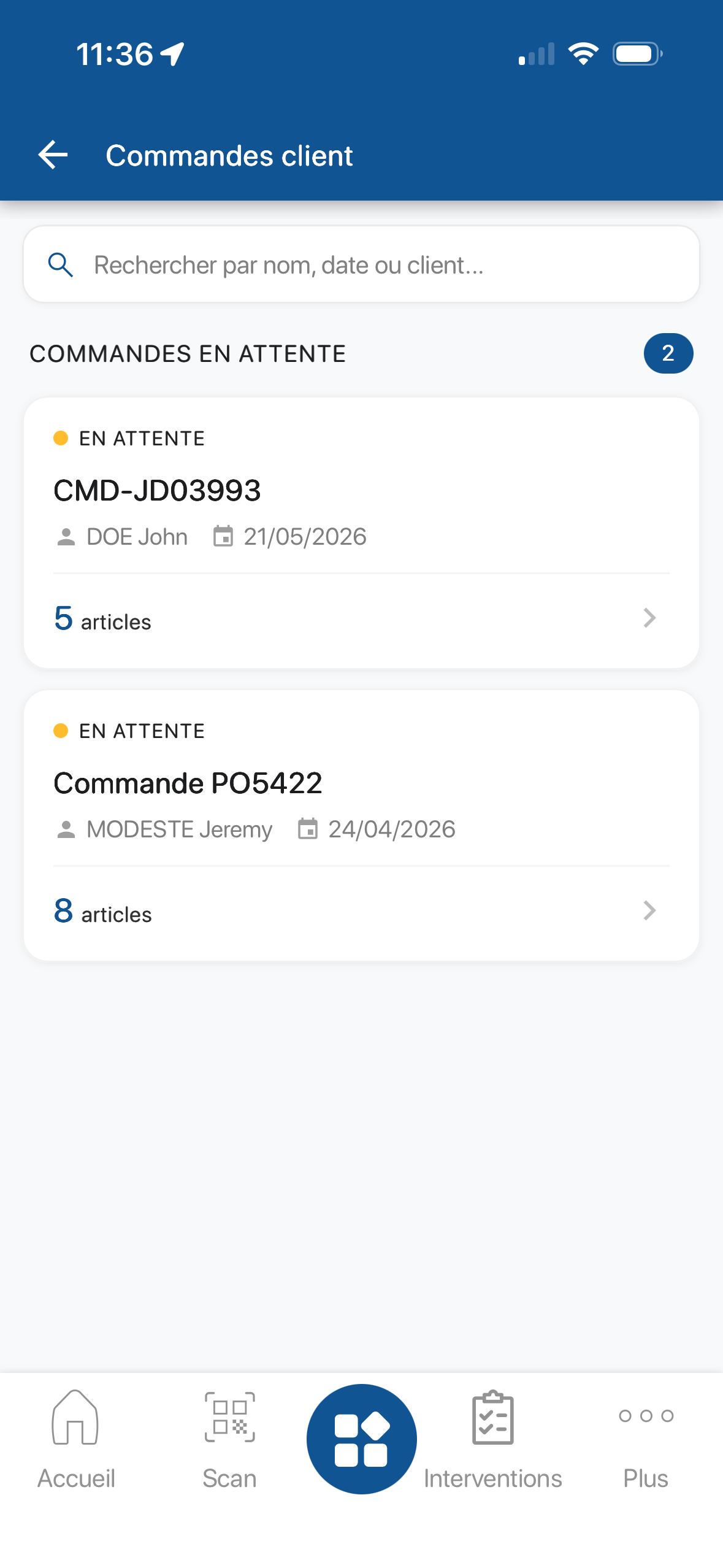 Liste des commandes clients mobile