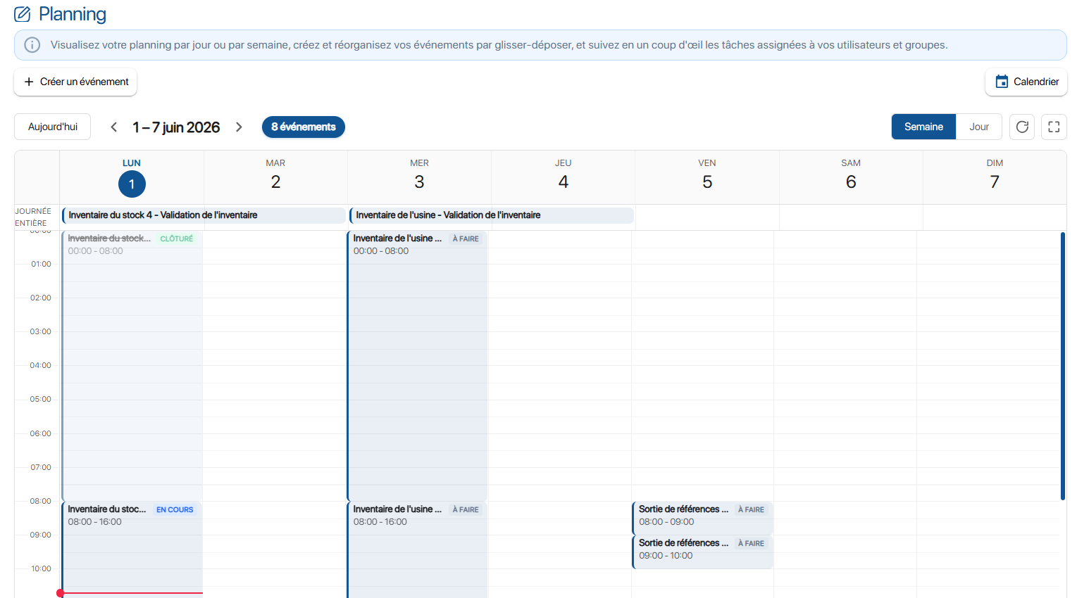 Planning d'évènements de K inventory