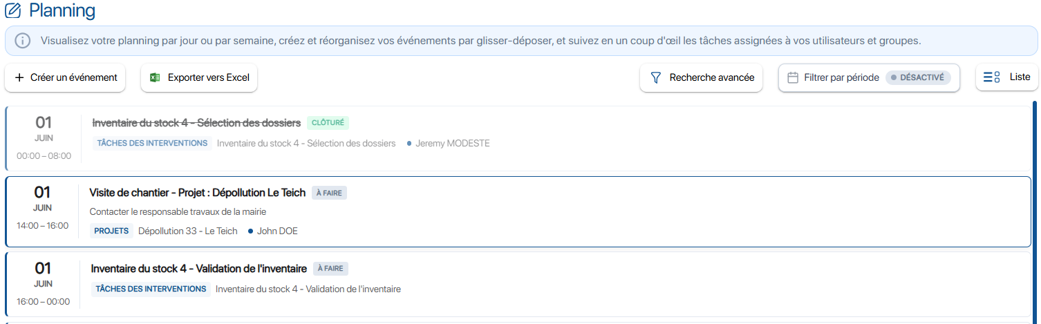 Vue Liste du planning d'évènements de K inventory