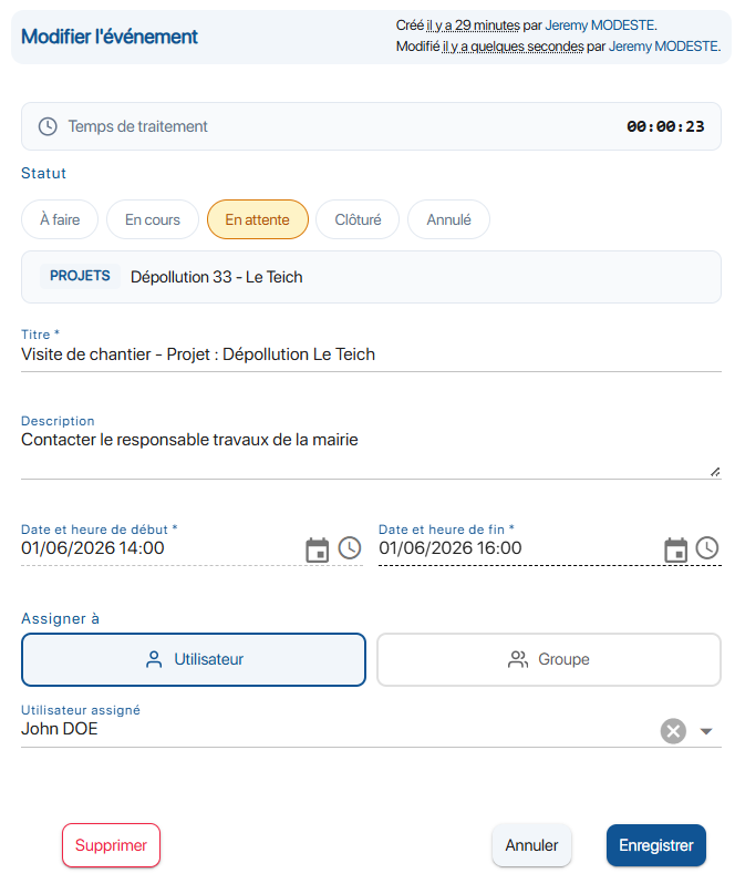 Modifier un évènement du planning de K inventory