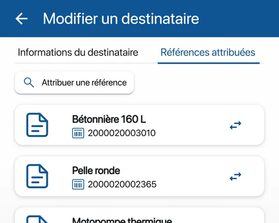 Engins attribués à un destinataire dans l'application K inventory : bétonnière et pelle