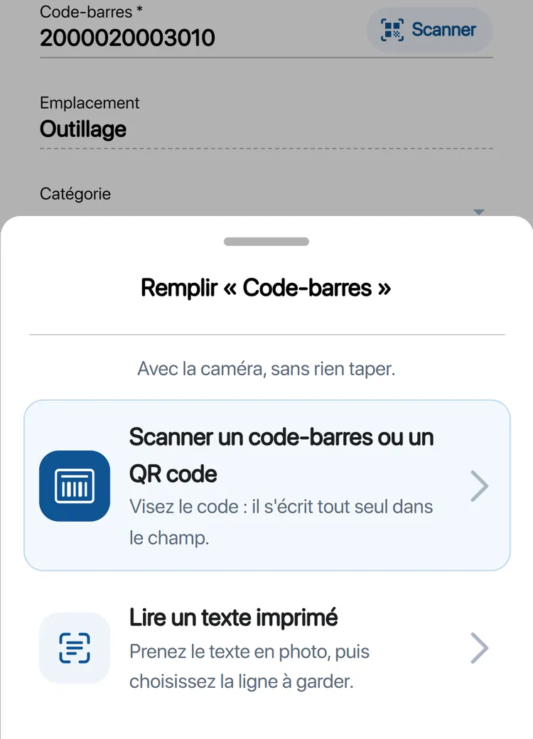 Menu « Remplir Code-barres » de K inventory : scanner un code-barres ou un QR code, ou lire un texte imprimé