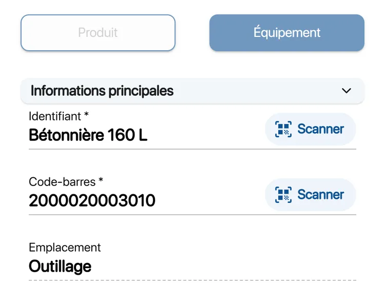 Formulaire d'une référence dans K inventory : le type, l'identifiant Bétonnière 160 L, le code-barres et l'emplacement sont renseignés