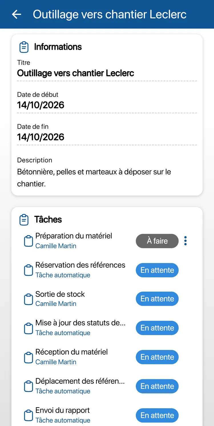 Écran d'une intervention Déplacement dans K inventory : informations, puis la liste des tâches avec leur statut