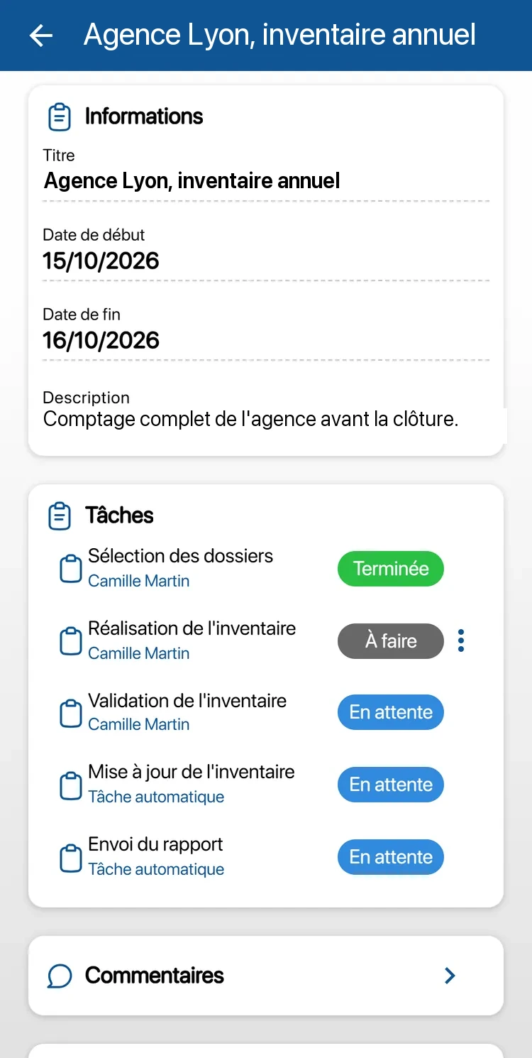 Intervention « Agence Lyon, inventaire annuel » dans l'application K inventory : sélection des dossiers, réalisation de l'inventaire, validation, mise à jour et envoi du rapport