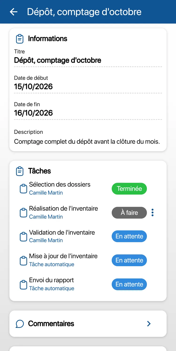 Écran d'une intervention Inventaire dans K inventory : informations, puis la liste des tâches avec leur statut