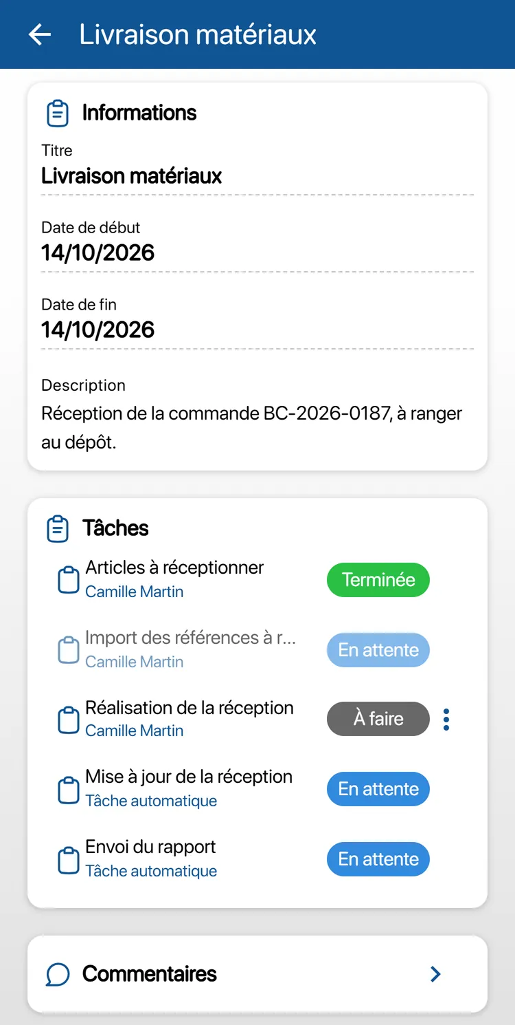 Écran de l'intervention d'entrée en stock, appelée Réception de commande dans K inventory : informations, puis la liste des tâches avec leur statut