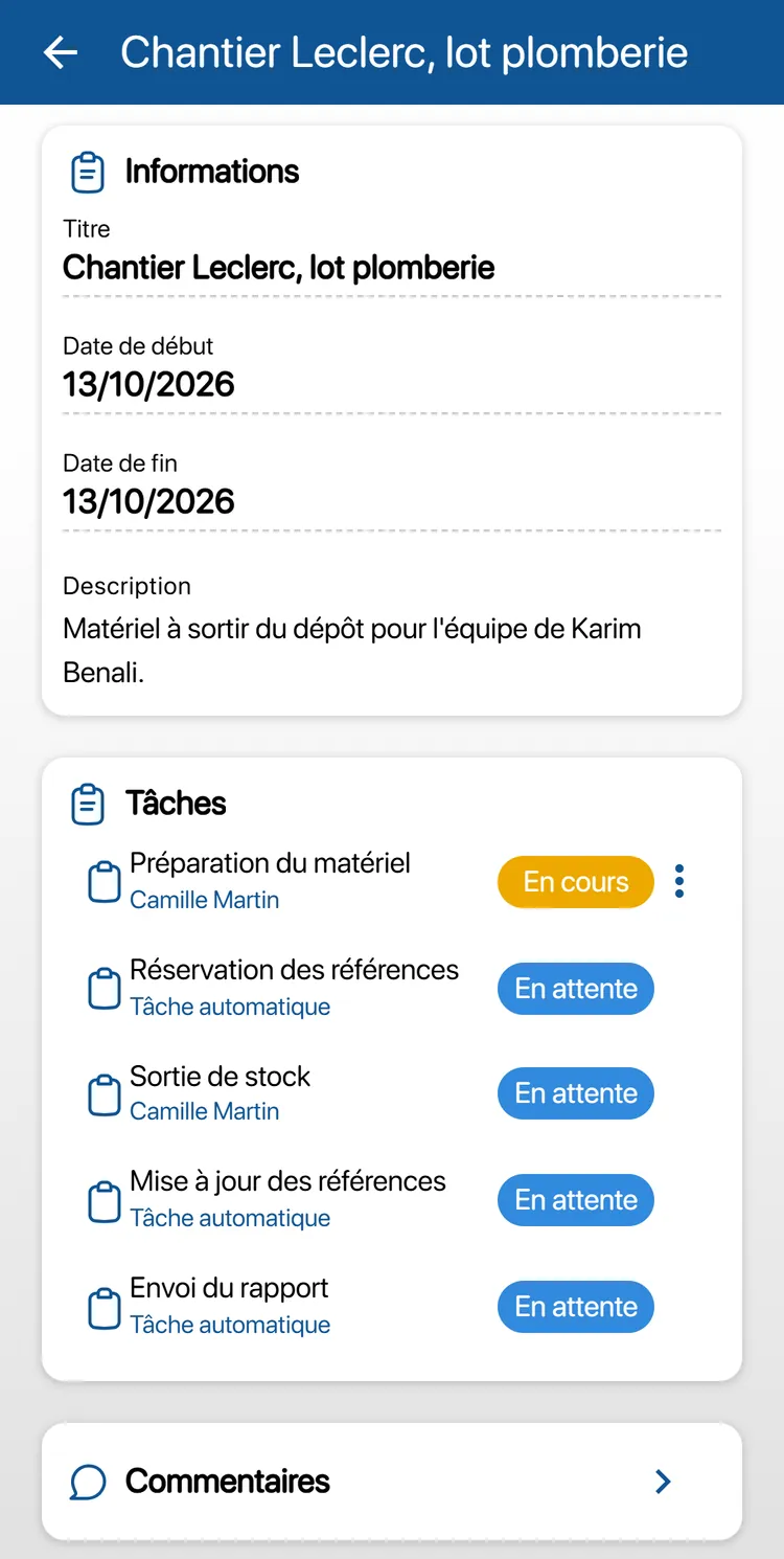 Intervention de sortie de stock sur le téléphone : préparation du matériel, réservation des références, sortie de stock, mise à jour, envoi du rapport