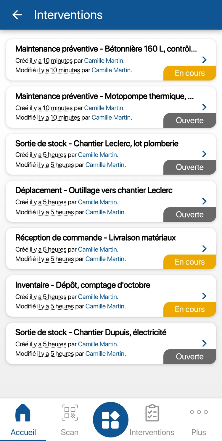 Liste des interventions sur le téléphone : maintenance préventive, sortie de stock, déplacement, réception