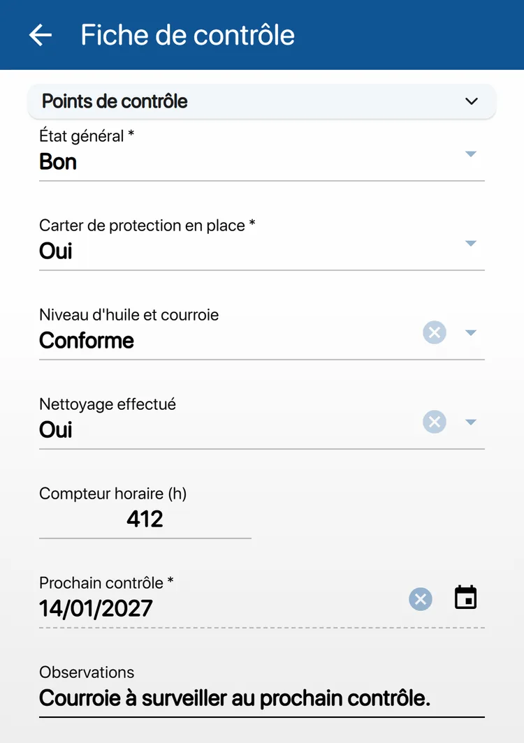 Fiche de contrôle remplie sur le téléphone : état général, compteur horaire, prochain contrôle
