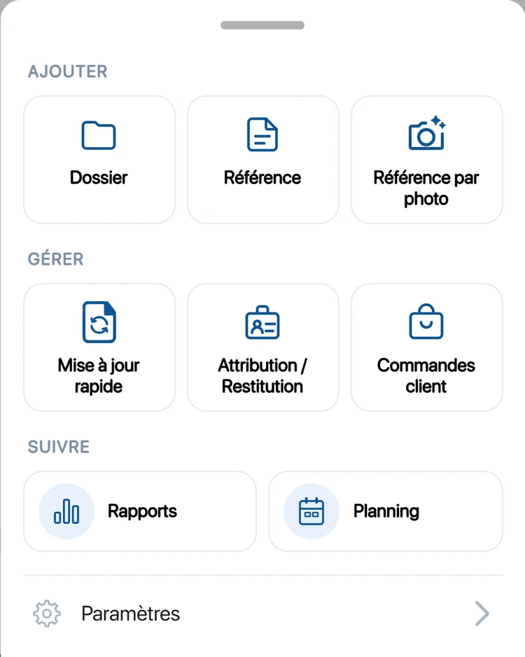 Menu d'actions de K inventory : Ajouter un dossier, une référence ou une référence par photo ; Gérer la mise à jour rapide, les attributions et les commandes client ; Suivre les rapports et le planning