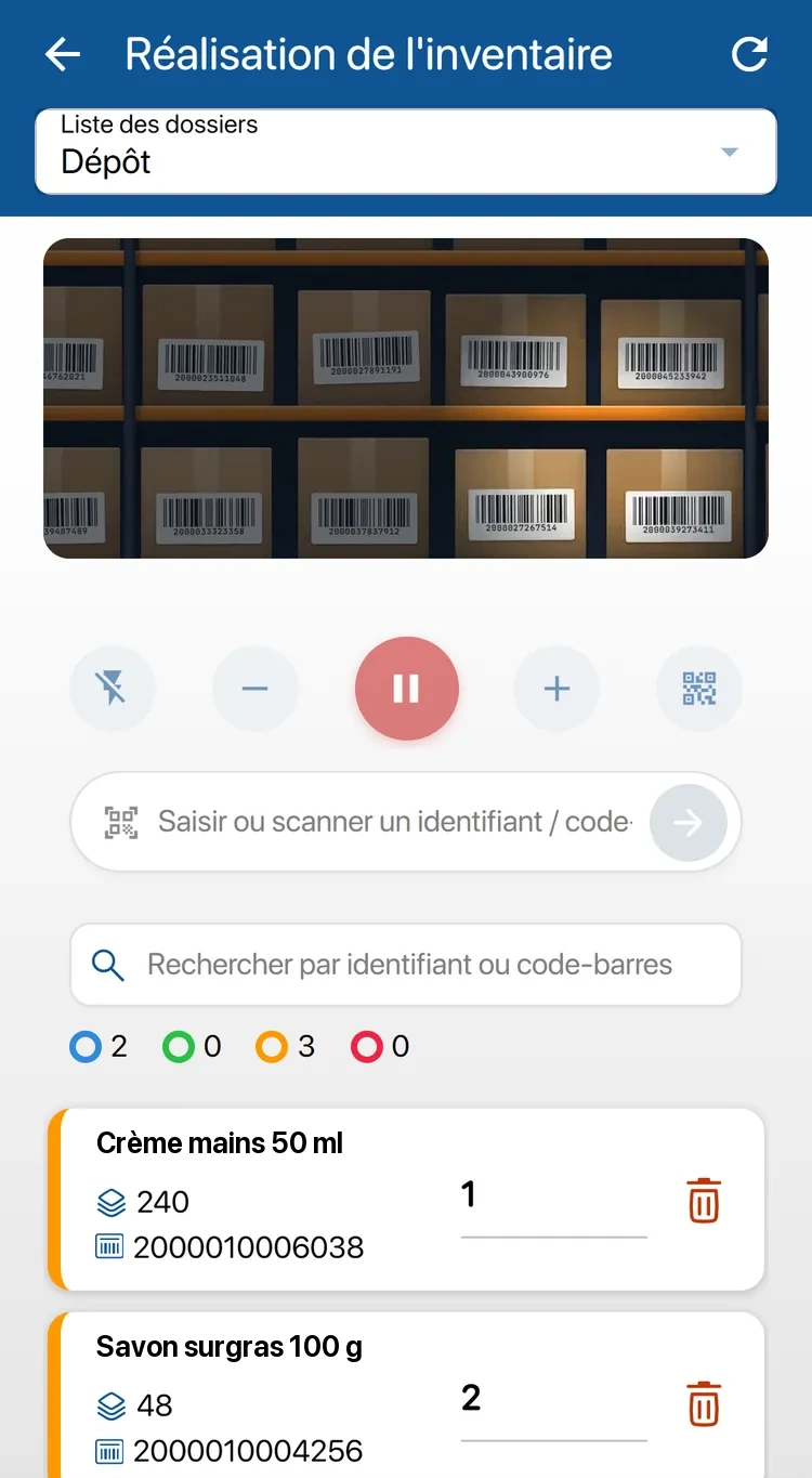 Inventaire en cours sur l'application K inventory : caméra ouverte, et dessous les produits comptés au scan, une crème mains de 50 ml et un savon surgras de 100 g