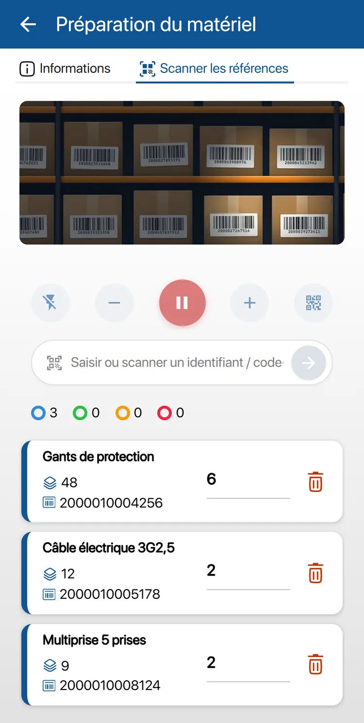 Tâche Préparation du matériel dans K inventory, réalisée sans réseau : trois références scannées avec leur quantité