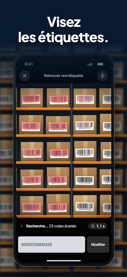 Finding a label in the K inventory app: the camera highlights the code you are looking for among dozens
