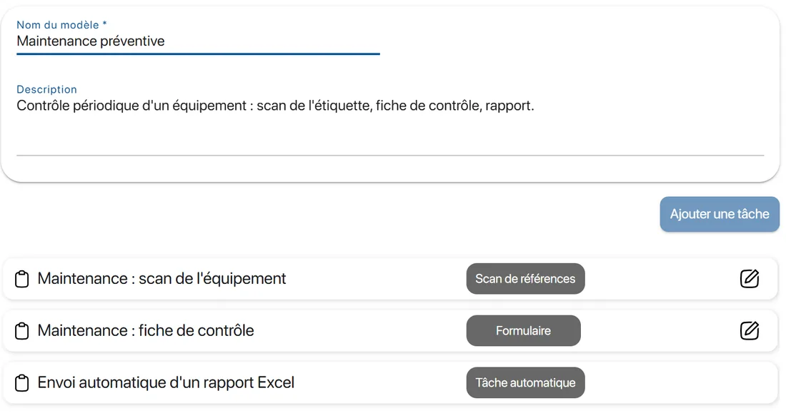 Modèle d'intervention Maintenance préventive sur la plateforme web K inventory : scan de l'équipement, fiche de contrôle, puis envoi automatique d'un rapport Excel