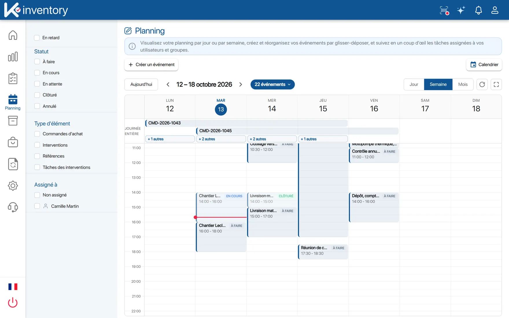 Planning des interventions sur la plateforme web, vue semaine