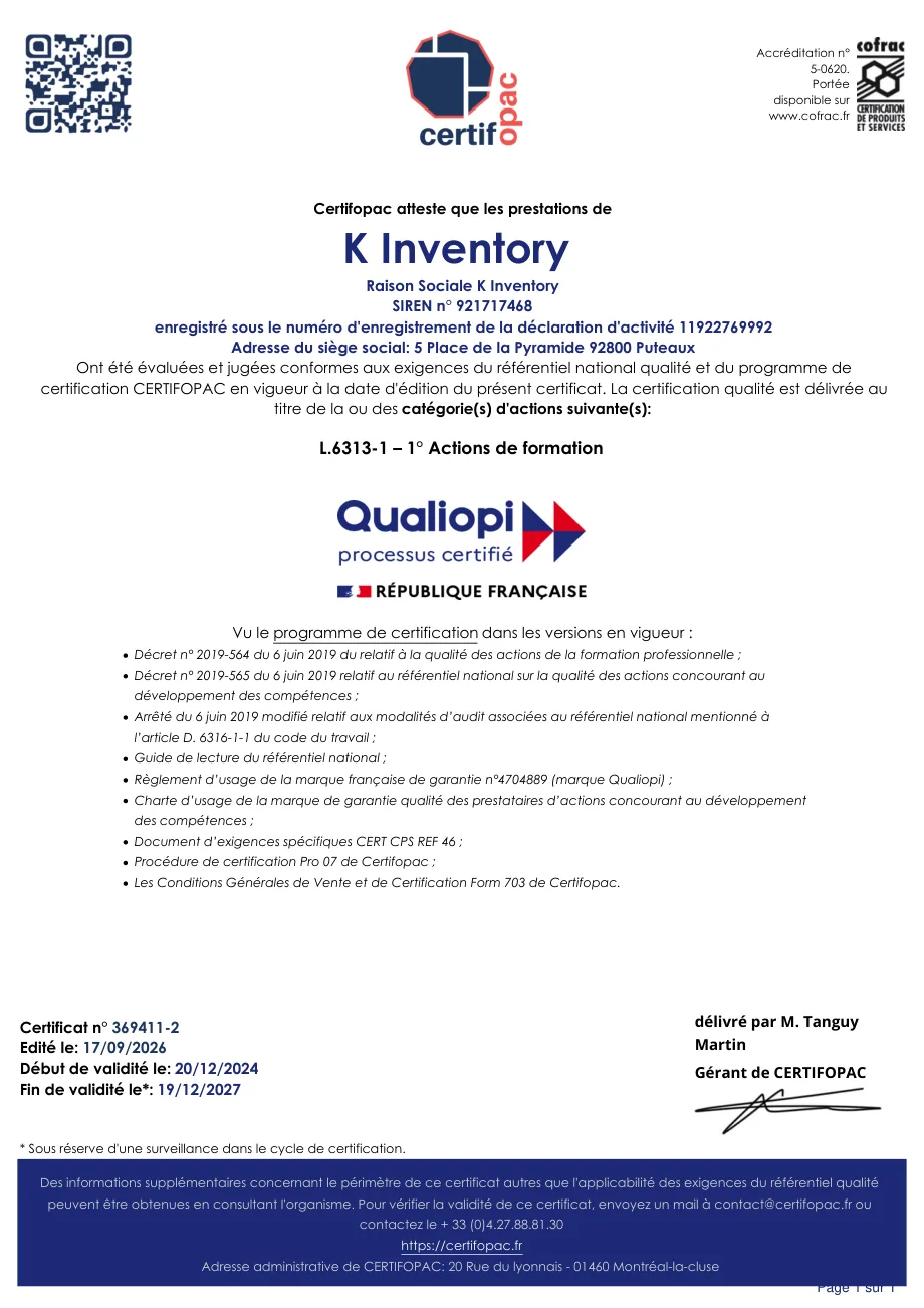 Certificat Qualiopi n° 369411-2 délivré à K inventory par Certifopac, valable du 20 décembre 2024 au 19 décembre 2027