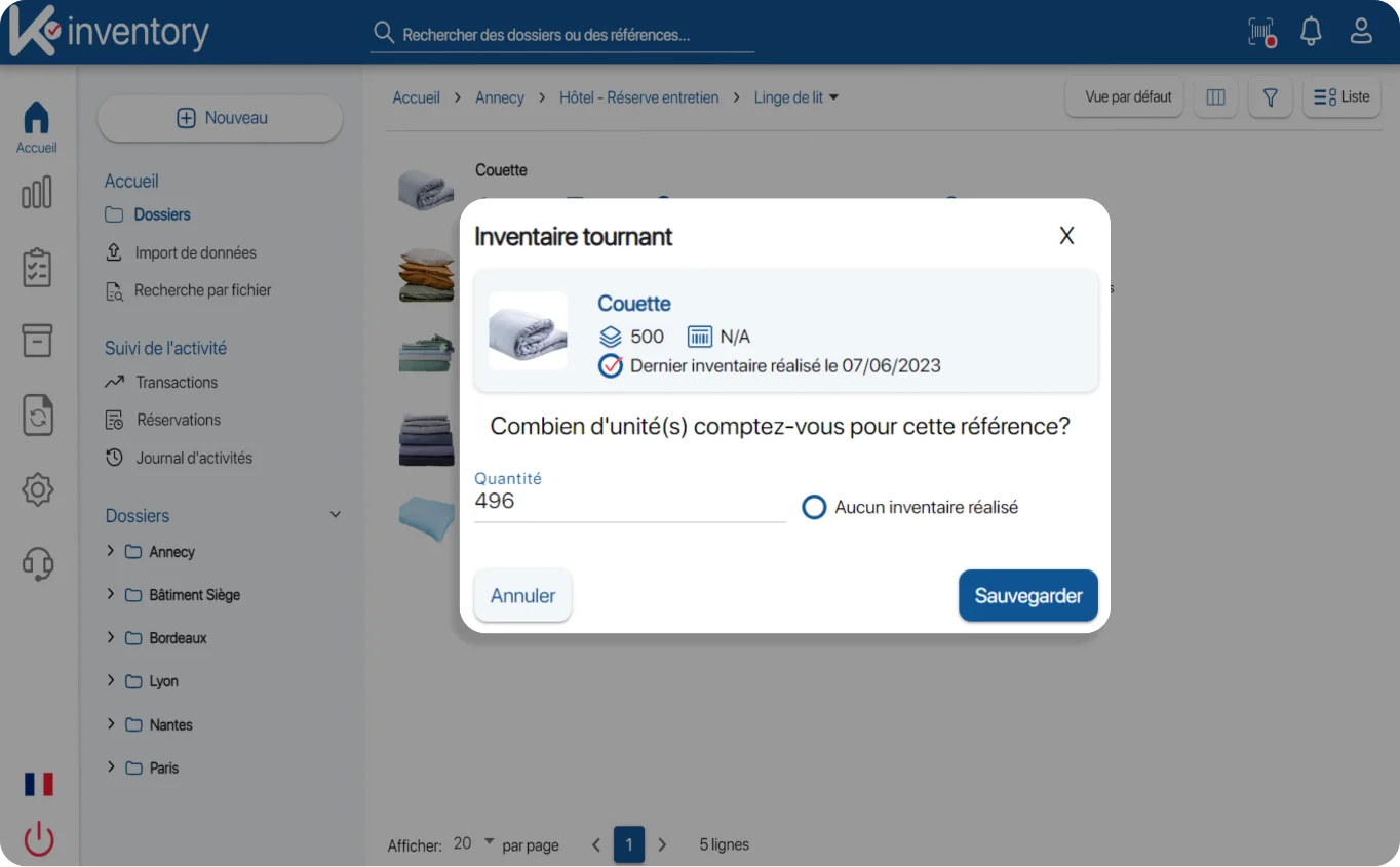 Inventaire tournant des couettes dans K inventory : 500 en stock, 496 comptées