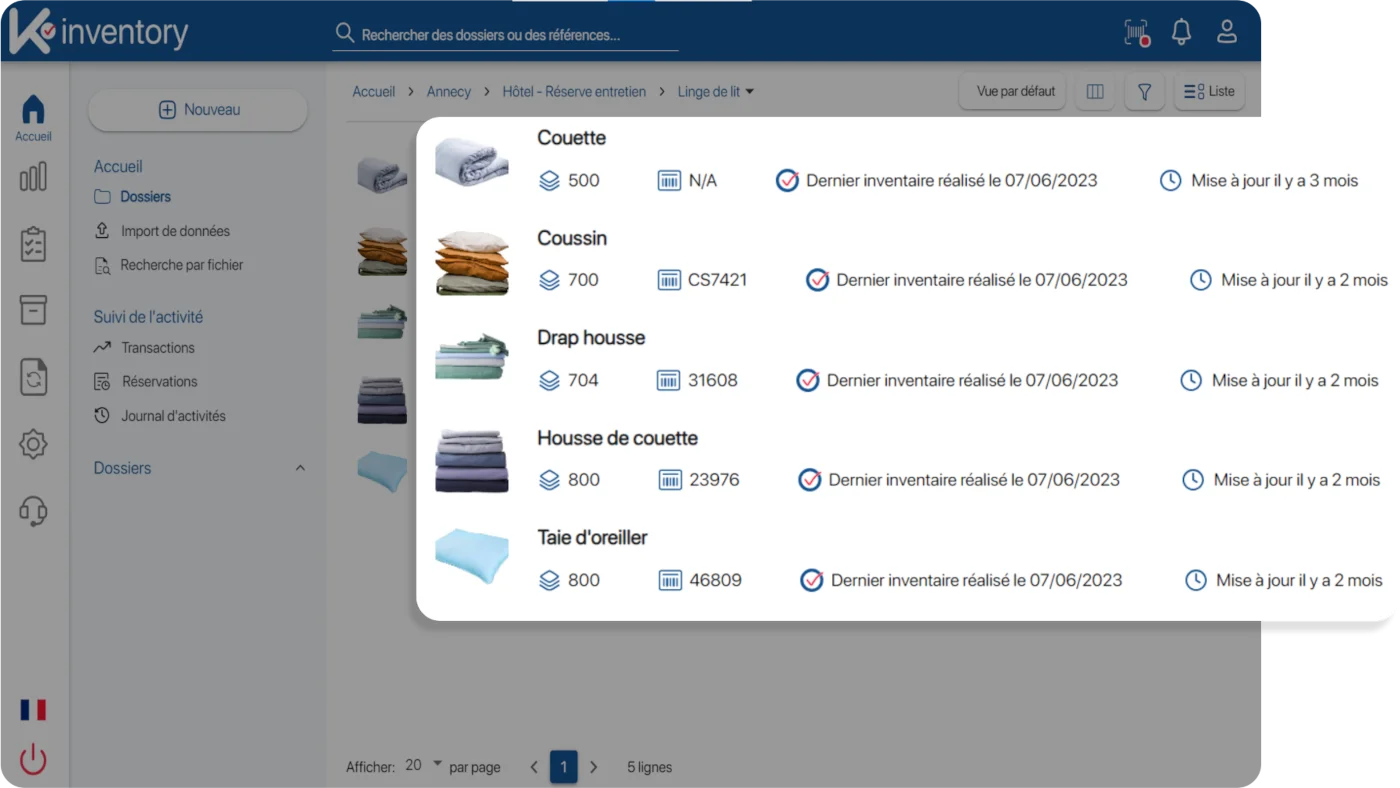 Stock de linge d'un hôtel dans K inventory : couettes, coussins, draps housse, housses de couette et taies d'oreiller, avec leur quantité et la date du dernier inventaire