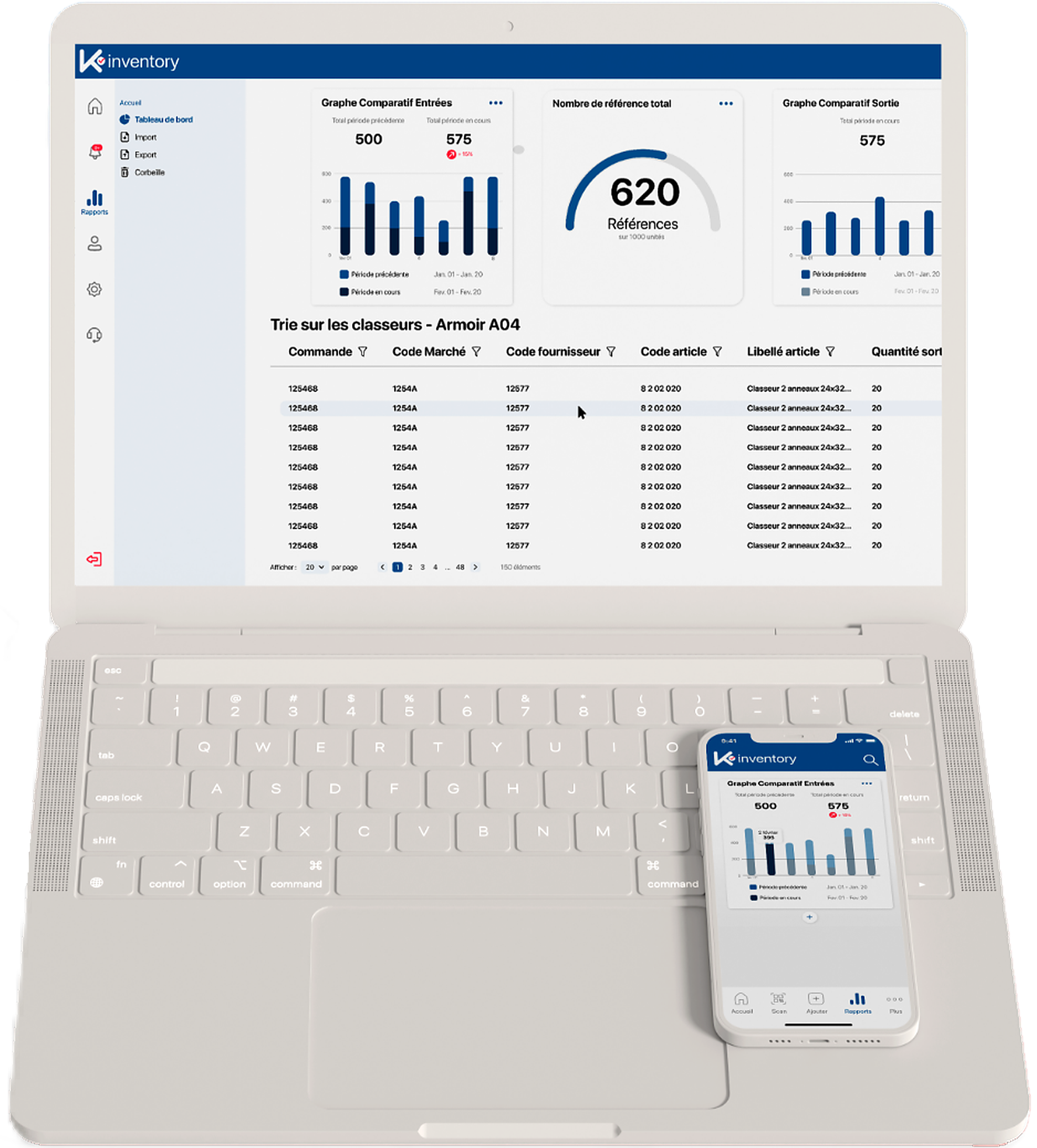 K&nbsp;inventory sur ordinateur portable et mobile : tableau de bord de pilotage de l'inventaire en temps réel