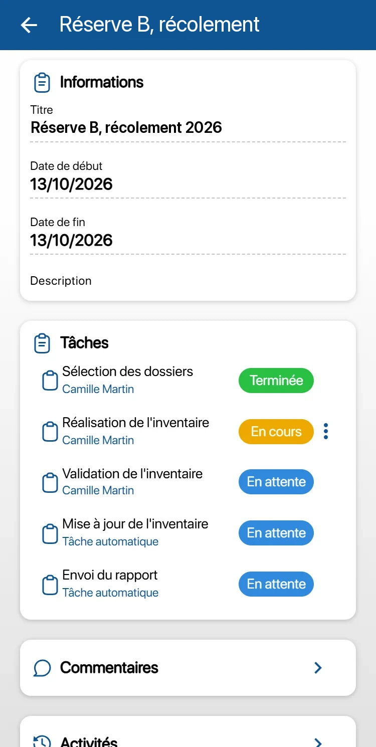Intervention « Réserve B, récolement » dans l'application K inventory : sélection des dossiers, réalisation de l'inventaire, validation, mise à jour et envoi du rapport