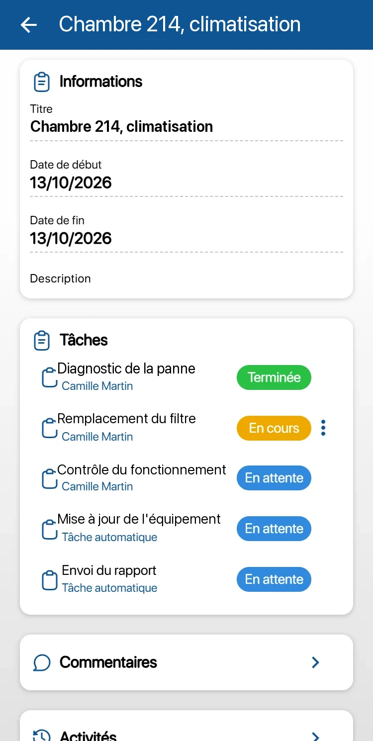Intervention « Chambre 214, climatisation » dans l'application K inventory : diagnostic de la panne, remplacement du filtre, contrôle du fonctionnement, mise à jour de l'équipement et envoi du rapport