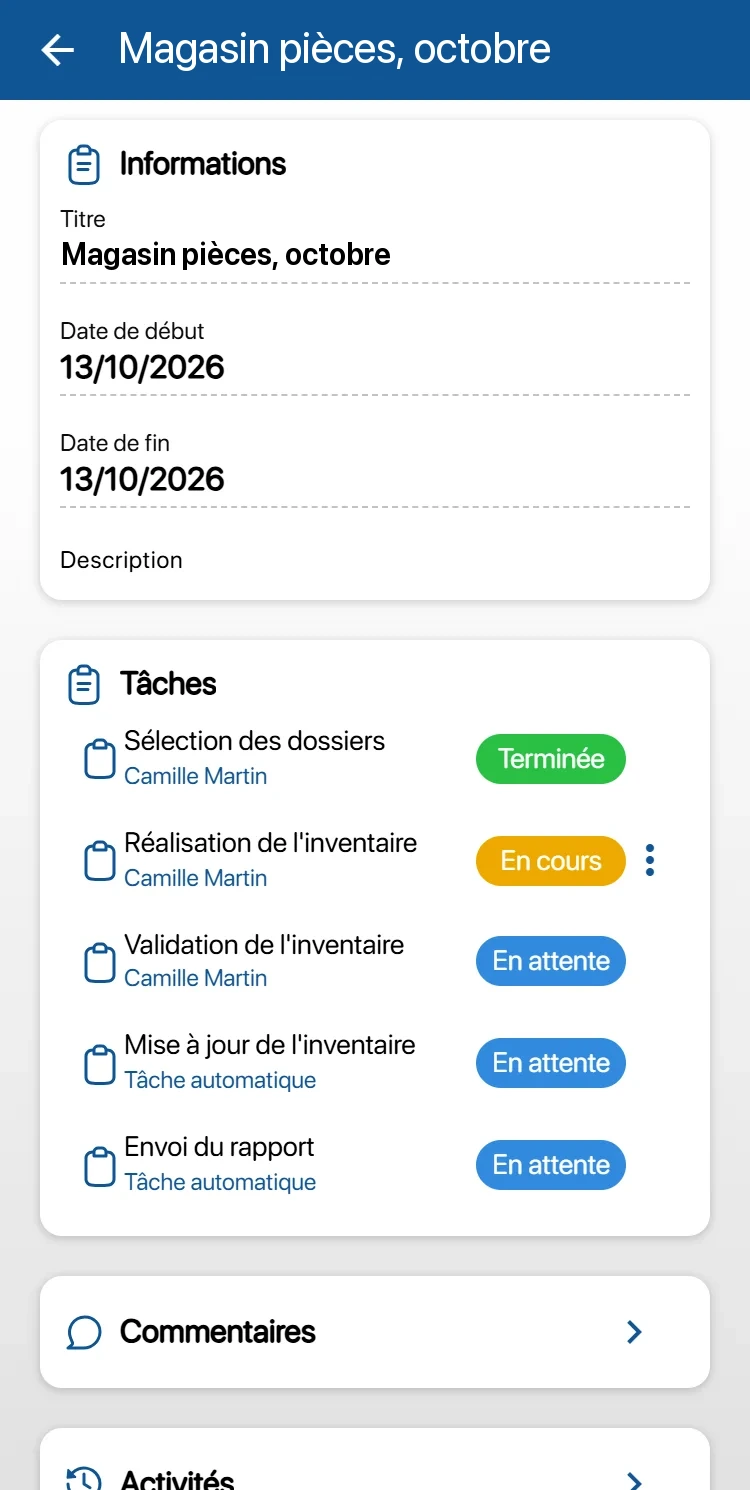 Intervention « Magasin pièces, octobre » dans l'application K inventory : tâches assignées avec leur statut (terminée, en cours, en attente)