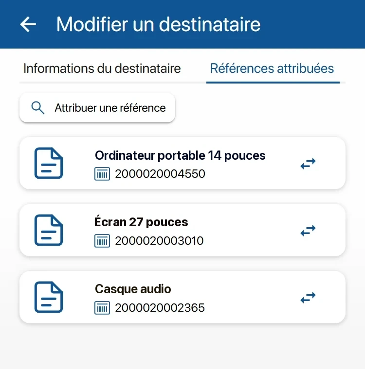 Matériel attribué à un collaborateur sur le téléphone : ordinateur portable 14 pouces, écran 27 pouces, casque audio
