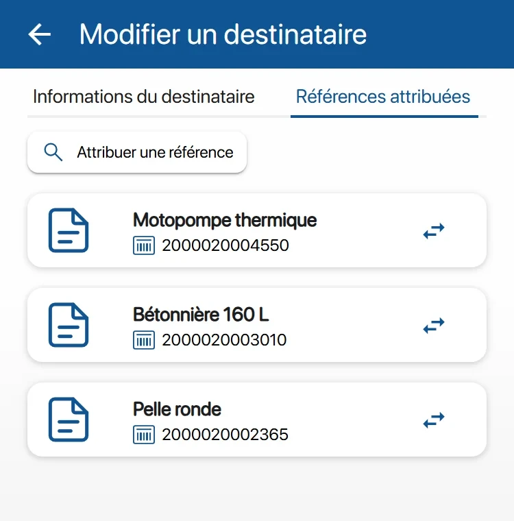 Matériel attribué à un collaborateur sur le téléphone : motopompe, bétonnière, pelle