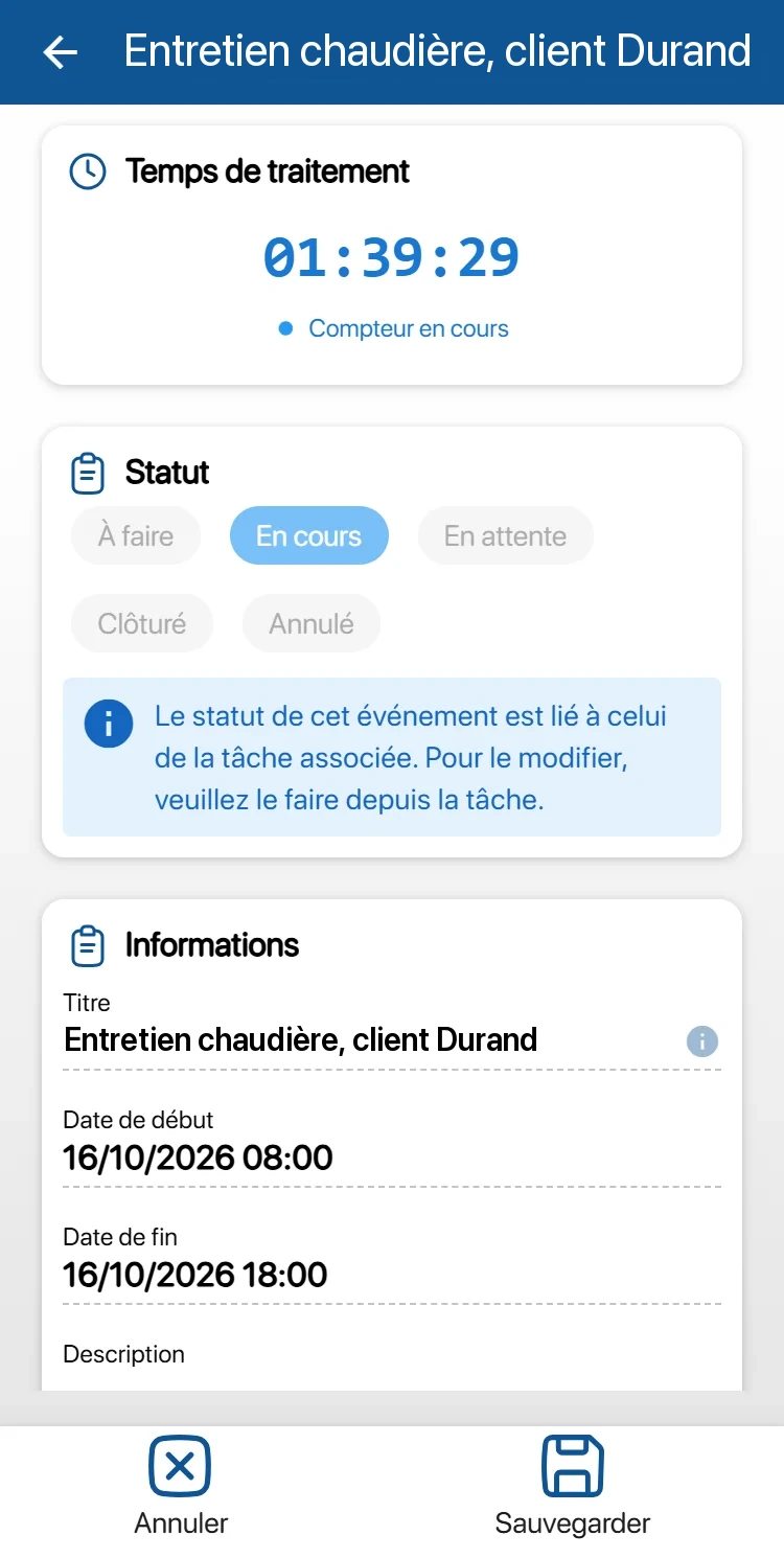 Tâche « Entretien chaudière, client Durand » en cours sur le téléphone, avec son temps de traitement chronométré et son statut