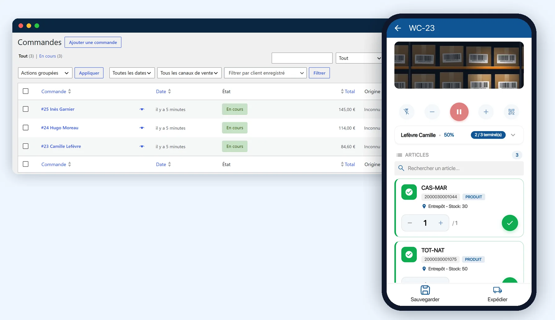 Commandes d'une boutique WooCommerce et préparation de la commande WC-23 dans l'application mobile K inventory, deux articles sur trois prélevés