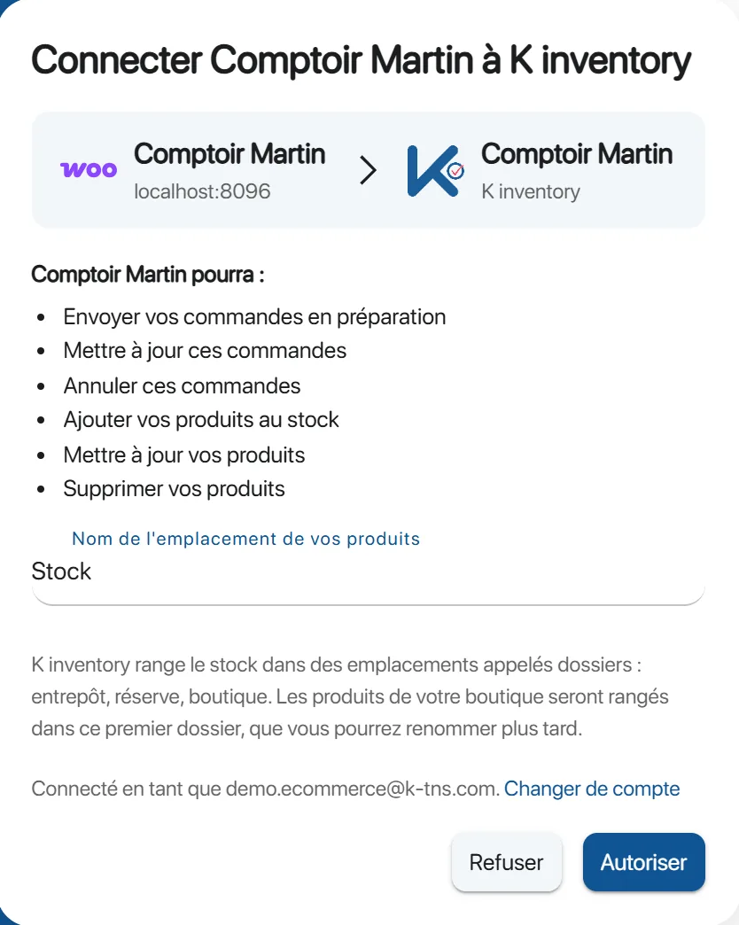 Écran K inventory « Connecter Comptoir Martin à K inventory » : la boutique WooCommerce pourra envoyer ses commandes en préparation et ajouter ses produits au stock