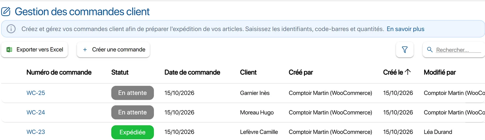 Plateforme web K inventory, commandes client : les commandes WC-25 et WC-24 de la boutique Comptoir Martin en attente, la commande WC-23 expédiée