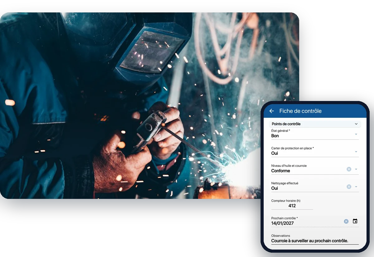 Atelier de soudure et, sur le téléphone, la fiche de contrôle d'une machine dans K inventory : état général, carter de protection, niveau d'huile et courroie, compteur de 412 heures, prochain contrôle