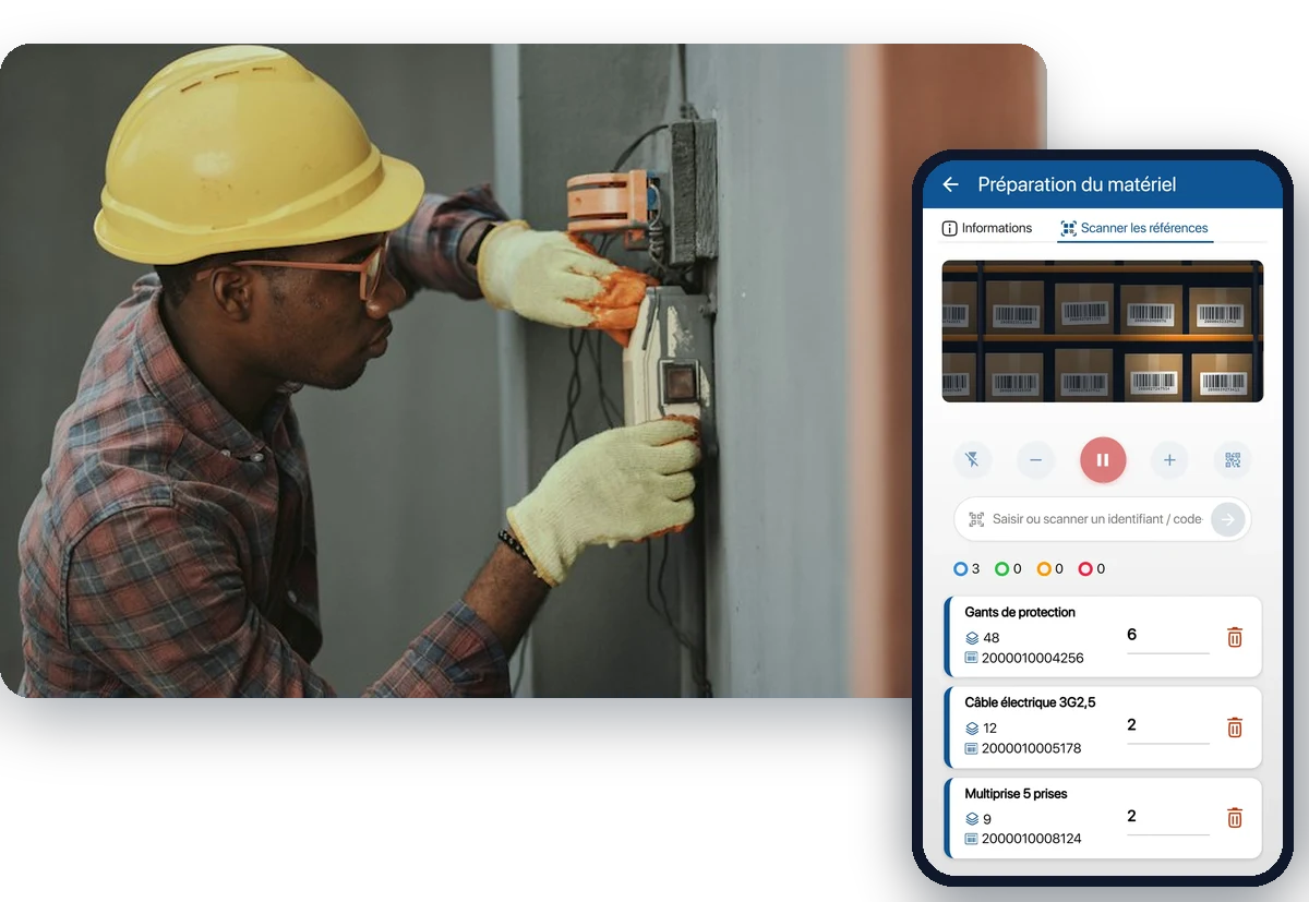 Technicien en intervention sur un tableau électrique et, sur le téléphone, la préparation du matériel au scan dans K inventory : gants de protection, câble électrique 3G2,5, multiprises