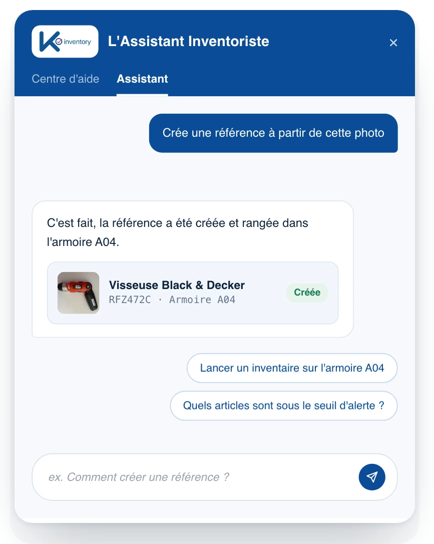 The K inventory AI assistant (Assistant Inventoriste): an item created from a photo and stored in cabinet A04, with suggested actions